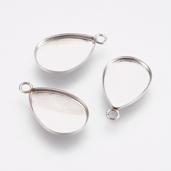 304 Stainless Steel Pendant Cabochon Settings, Plain Edge Bezel Cups, teardrop, Stainless Steel Color, Tray: 14x10mm, 17.5x10.5x1.5mm, Hole: 1.6mm