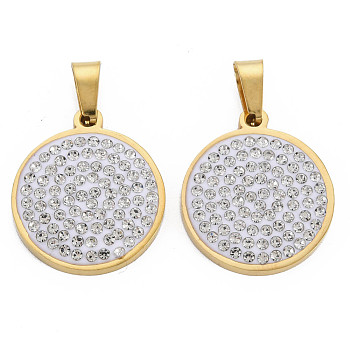 201 Stainless Steel Pendants, with Crystal Rhinestone and Stainless Steel Snap On Bails, Flat Round, Golden, 23x20x3mm, Hole: 3x7mm