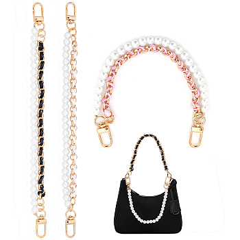 Elite 3Pcs 3 Colors Double-strand Bag Handles, with ABS Plastic Imitation Pearl Beads, PU Leather & Alloy Cable Chain & Swivel Clasps, Bag Replacement Accessories, Mixed Color, 26.5x0.8cm, 1pc/color