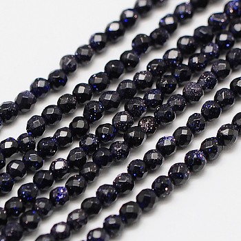 Synthetic Blue Goldstone Beads Strands, Faceted Round, 3mm, Hole: 0.8mm, about 136pcs/strand, 16 inch