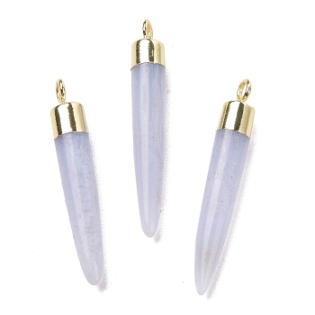 Natural Blue Lace Agate Brass Pendants, Cadmium Free & Lead Free, Bullet Shaped, Light Gold, 33~37x4~5mm, Hole: 2mm