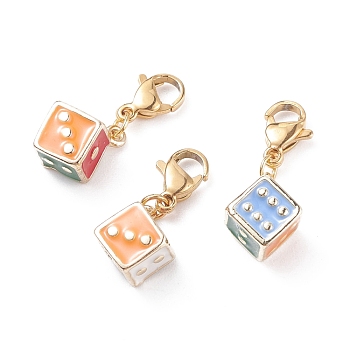 Alloy Enamel Dice Pendant Decoration, with 304 Stainless Steel Lobster Claw Clasps, Cube, Colorful, 23mm