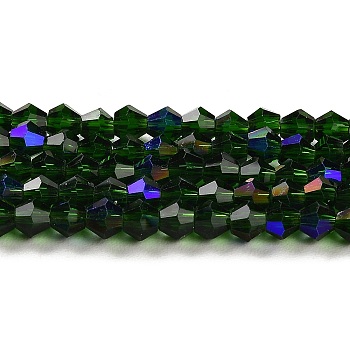 Transparent Electroplate Glass Beads Strands, AB Color Plated, Faceted, Bicone, Dark Green, 4x4mm, Hole: 0.8mm, about 87~98pcs/strand, 12.76~14.61 inch(32.4~37.1cm)