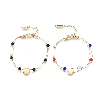 304 Stainless Steel Multi-strand Bracelets, with Faceted Glass Beads, Coreana Chains and Lobster Claw Clasps, Star, Mixed Color, 6-3/8 inch(16.2cm)