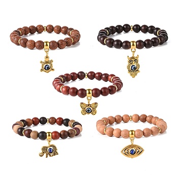 Wood Beaded Bracelets, Alloy Owl/Toitorse/Elephant/Eye/Butterfly Charm Bracelets for Women, Mixed Color, Inner Diameter: 2-1/4 inch(5.7cm), 5pcs/set