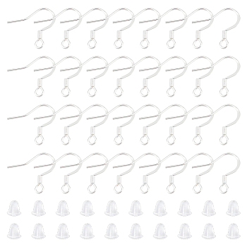 100Pcs 304 Stainless Steel Earring Hooks, French Hooks with Coil and Ball, with 100Pcs Plastic Ear Nuts, Silver, 17~18x16x1.5mm, Hole: 2.5mm, 20 Gauge, Pin: 0.8mm