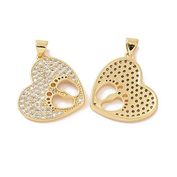 Brass Micro Pave Cubic Zirconia Pendants, Heart with Hollow Footprint Charm, Real 18K Gold Plated, 24.5x20.5x2.5mm, Hole: 3.5x4mm