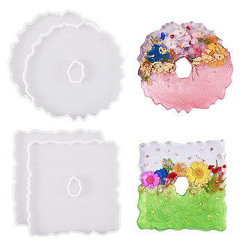 4Pcs 2 Styles Silicone Molds, Coaster Molds, Gesso Resin Casting Molds, White, Mixed Shapes, 120~132x122~125x12~12.5mm, Hole: 22~24x15.5mm, 2pcs/style