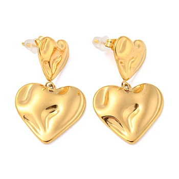 304 Stainless Steel Dangle Stud Earrings, Textured Heart, Golden, 31x19.5mm