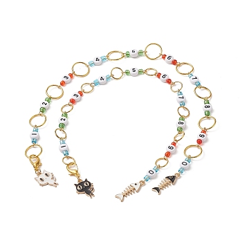 Acrylic Number Bead Knitting Row Counter Chains, with Glass Beads and Alloy Enamel Pendants, Cat & Fishbone, Mixed Color, 36.5cm, 2pcs/set