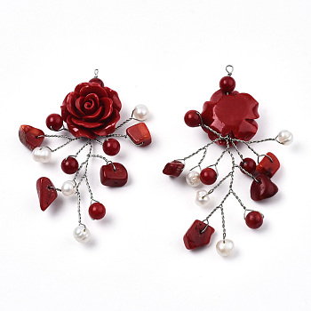 Synthetic Stone Big Pendants, with Platinum Plated Brass and Pearl Beads, Flower, Dyed, Dark Red, 60~65x43~56x10~12mm, Hole: 0.5~1.2mm