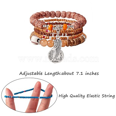 5Pcs 5 Style Wood & Glass Seed & Acrylic Beaded Stretch Bracelets Set with Baseball(JB709C)-2