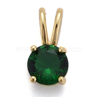 Real 18K Gold Plated Dark Green Flat Round Brass+Cubic Zirconia Charms