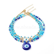 Beaded Necklaces Set, with Evil Eye Lampwork Beads & Glass Beads, Brass Chain & Beads, 304 Stainless Steel Findings, Blue, 39~41cm(NJEW-JN03537)