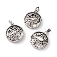 Natural Howlite Pendants, Flat Round Charms with Rack Plating Antique Silver Tone Brass Dragon, Cadmium Free & Lead Free, 32x28x7.5mm, Hole: 8.5x5mm(G-H281-05F)