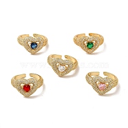 Cubic Zirconia Heart Open Cuff Ring, Real 18K Gold Plated Brass Jewelry for Women, Cadmium Free & Lead Free, Mixed Color, Inner Diameter: 17mm(RJEW-I092-01)