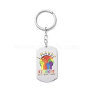 Pride Rainbow 201 Stainless Steel Keychain, with Key Ring, Rectangle, Rainbow Pattern, 10.4cm(KEYC-G051-01P-01)
