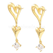Rack Plating Brass Heart Dangle Stud Earrings with Cubic Zirconia, Cadmium Free & Lead Free, Real 18K Gold Plated, 50x16mm(EJEW-L261-009G)