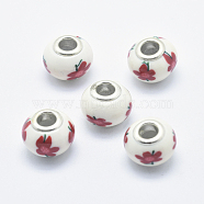 Handmade Polymer Clay European Beads, with Silver Color Plated Brass Cores, Large Hole Beads, Rondelle with Flower Pattern, Red, 13~16x8~11mm, Hole: 4.5~5mm(CLAY-K002-A49)