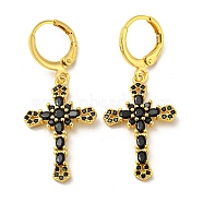 Real 18K Gold Plated Brass Dangle Leverback Earrings, with Glass, Cross, Black, 38x16mm(EJEW-A033-03G-02)