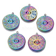 Rainbow Color 304 Stainless Steel Pendant Rhinestone Settings, Cadmium Free & Nickel Free & Lead Free, Flat Round with Eye, Fit For 1.2mm and 2mm Rhinestone, 23x20.5x2.5mm, Hole: 1.4mm(STAS-S119-071)