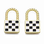 Rack Plating Alloy Checkerboard Pendants, with Enamel, Cadmium Free & Lead Free, Lock with Grid Pattern, Black, 20.5x11.5x2mm, Hole: 8x6.5mm(PALLOY-S132-255A-RS)