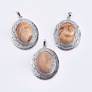 Natural Picture Jasper Pendants, with Brass Findings, Oval, Platinum, Cadmium Free & Lead Free, 50x37x12mm, Hole: 4x7.5mm(G-F228-22O-RS)
