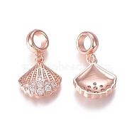 Brass Micro Pave Clear Cubic Zirconia European Dangle Charms, Large Hole Pendants, Scallop Shell Shape, Rose Gold, 24mm, Hole: 5mm, Shell: 15x14x3mm(ZIRC-I036-20RG)