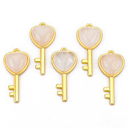 Natural Quartz Crystal Pendants, with Light Gold Plated Brass Findings, Key with Heart Charm, 38x17x6.5~7mm, Hole: 1.8mm(G-N326-158-19)