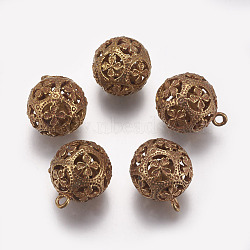 Brass Hollow Pendants, Round with Flower, Unplated, Nickel Free 23mm, Hole: 2mm(KKB-H004-C)