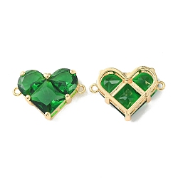 Brass Pave Cubic Zirconia Connector Charms, Heart Links, Real 18K Gold Plated, Green, 18.5x26x7.5mm, Hole: 1.6mm(KK-L208-04G-02)