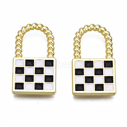 Rack Plating Alloy Checkerboard Pendants, with Enamel, Cadmium Free & Lead Free, Lock with Grid Pattern, Black, 20.5x11.5x2mm, Hole: 8x6.5mm(PALLOY-S132-255A-RS)