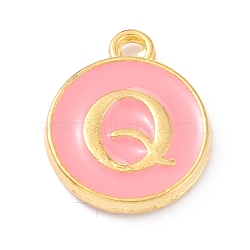 Golden Plated Alloy Enamel Charms, Enamelled Sequins, Flat Round with Alphabet, Letter.Q, Pink, 14x12x2mm, Hole: 1.5mm(X-ENAM-Q437-14Q)