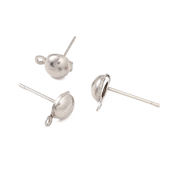 304 Stainless Steel Stud Earring Findings, with Horizontal Loop, Half Round, Stainless Steel Color, 9x6mm, Hole: 1mm, Pin: 0.7mm