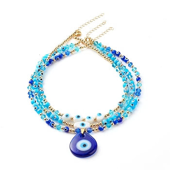 Beaded Necklaces Set, with Evil Eye Lampwork Beads & Glass Beads, Brass Chain & Beads, 304 Stainless Steel Findings, Blue, 39~41cm