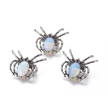 Opalite Brooch, with Alloy Findings and Glass, Spider, Antique Silver, 34~35x41~42x7mm, Hole: 3x5mm