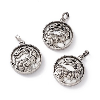 Natural Howlite Pendants, Flat Round Charms with Rack Plating Antique Silver Tone Brass Dragon, Cadmium Free & Lead Free, 32x28x7.5mm, Hole: 8.5x5mm