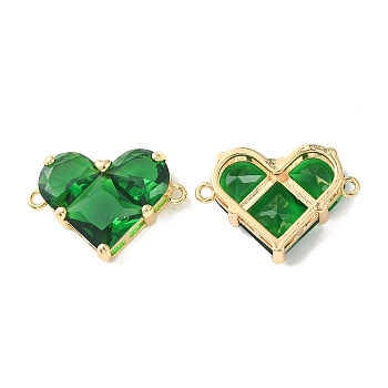 Brass Pave Cubic Zirconia Connector Charms, Heart Links, Real 18K Gold Plated, Green, 18.5x26x7.5mm, Hole: 1.6mm