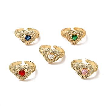 Cubic Zirconia Heart Open Cuff Ring, Real 18K Gold Plated Brass Jewelry for Women, Cadmium Free & Lead Free, Mixed Color, Inner Diameter: 17mm