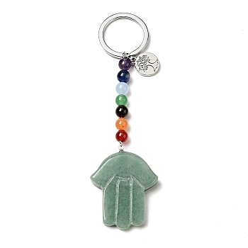 Natural Green Aventurine Chakra Keychain, with Iron Split Key Rings and Flat Round Alloy Charms, Hamsa Hand, 11.5cm