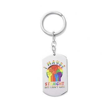 Pride Rainbow 201 Stainless Steel Keychain, with Key Ring, Rectangle, Rainbow Pattern, 10.4cm