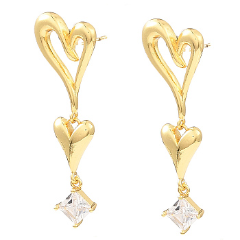 Rack Plating Brass Heart Dangle Stud Earrings with Cubic Zirconia, Cadmium Free & Lead Free, Real 18K Gold Plated, 50x16mm