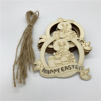 Wooden Cutouts Ornaments, with Jute Twine, Easter Hanging Decorations, for Party Gift Home Decoration, Rabbit & Egg with Word Happy Easter, BurlyWood, 79x87.5x2.5mm