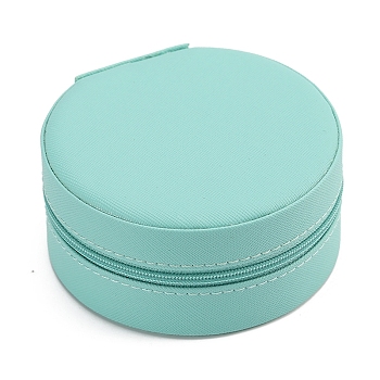 Round PU Leather Jewelry Zipper Boxes, Portable Travel Jewelry Organizer Case, for Earrings, Rings, Necklaces Storage, Cyan, 10x5cm