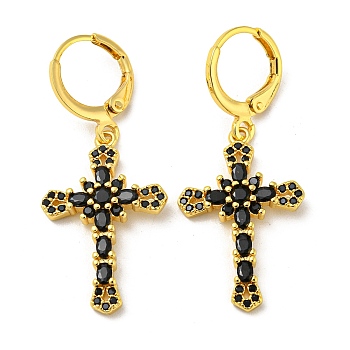 Real 18K Gold Plated Brass Dangle Leverback Earrings, with Glass, Cross, Black, 38x16mm