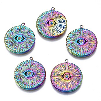 Rainbow Color 304 Stainless Steel Pendant Rhinestone Settings, Cadmium Free & Nickel Free & Lead Free, Flat Round with Eye, Fit For 1.2mm and 2mm Rhinestone, 23x20.5x2.5mm, Hole: 1.4mm