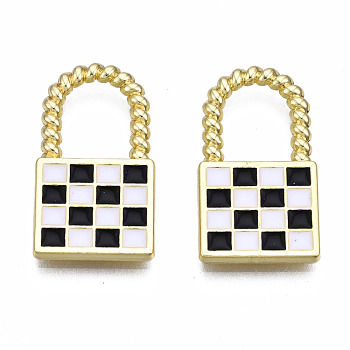 Rack Plating Alloy Checkerboard Pendants, with Enamel, Cadmium Free & Lead Free, Lock with Grid Pattern, Black, 20.5x11.5x2mm, Hole: 8x6.5mm