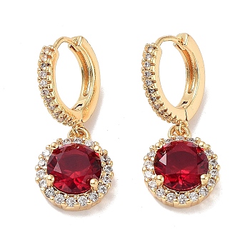 Real 18K Gold Plated Brass Dangle Hoop Earrings, with Cubic Zirconia and Glass, Flat Round, Red, 29x12mm