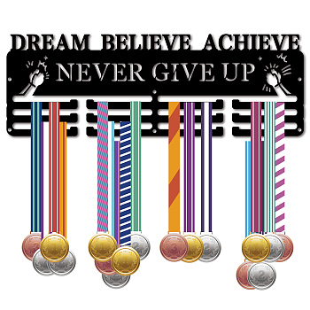 Fashion Iron Medal Hanger Holder Display Wall Rack, 3-Line, with Screws, Black, Dream Believe Achieve Never Give Up, Word, 150x400mm, Hole: 5mm
