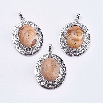 Natural Picture Jasper Pendants, with Brass Findings, Oval, Platinum, Cadmium Free & Lead Free, 50x37x12mm, Hole: 4x7.5mm